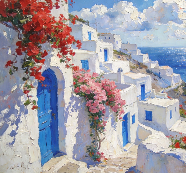 Bougainvillea's Aegean Embrace, Hand Painted Canvas Art, Small Landscape Paintings, Landscape Wall Art for Dining Room, Original Oil Paintings-Paintingforhome
