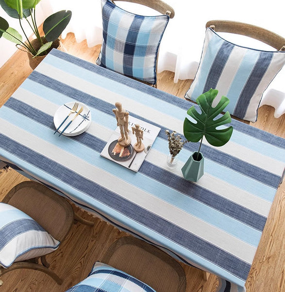 Blue Stripe Rectangular Tablecloth for Oval Table, Cotton and Linen Tablecloths, Rectangular Table Covers for Coffee Table, Modern Table Cloths for Dining Room-Paintingforhome