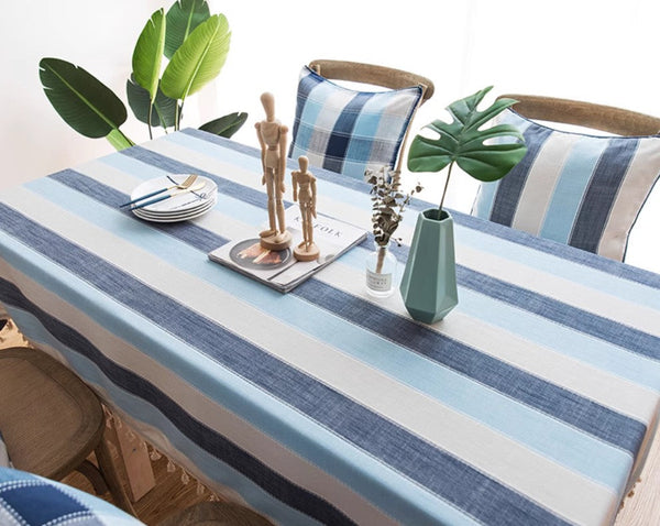 Blue Stripe Rectangular Tablecloth for Oval Table, Cotton and Linen Tablecloths, Rectangular Table Covers for Coffee Table, Modern Table Cloths for Dining Room-Paintingforhome