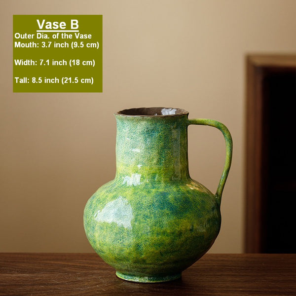 Modern Pottery Flower Vases, Handmade Water Holding Flower Vases, Pottery Bud Vases, Large Green Flower Vases on Table, Centerpiece on Dining Table-Paintingforhome