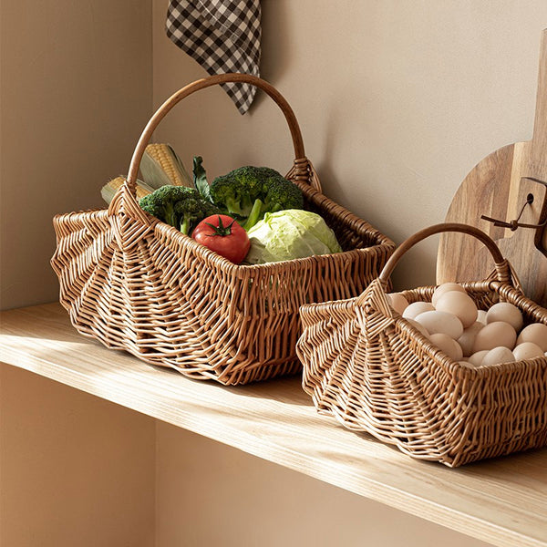 Large Picnic Food Basket with Handle, Natural Hand-woven Wicker Storage Basket, Lovely Willow Weaving Baskets for Vegetable, Natural Fruit Basket, Kitchen Storage Baskets-Paintingforhome
