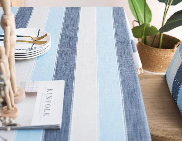 Blue Stripe Rectangular Tablecloth for Oval Table, Cotton and Linen Tablecloths, Rectangular Table Covers for Coffee Table, Modern Table Cloths for Dining Room-Paintingforhome