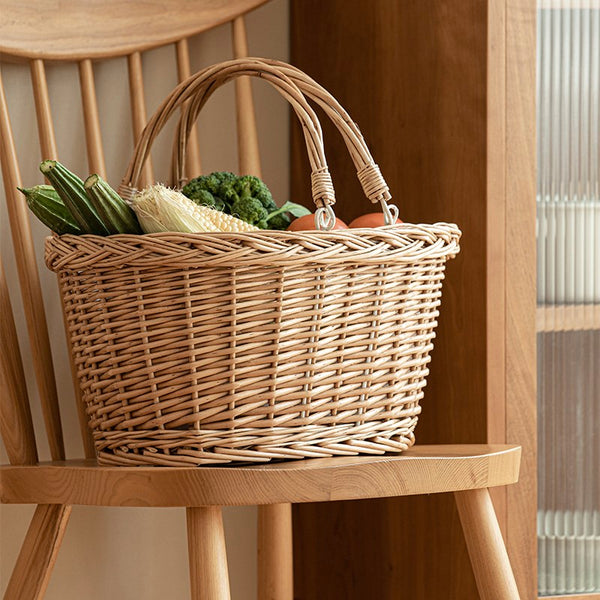 Kitchen Storage Baskets, Small Picnic Food Basket with Handle, Natural Hand-woven Wicker Storage Basket, Willow Weaving Baskets for Vegetable, Natural Fruit Basket-Paintingforhome