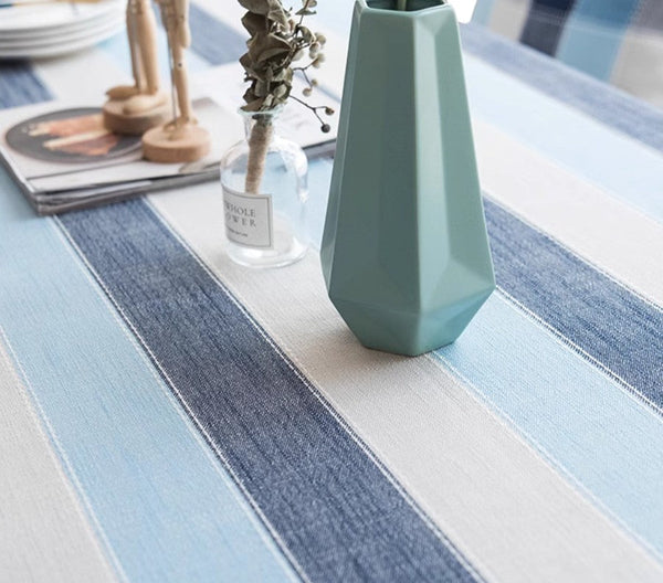 Rectangular Table Covers for Coffee Table, Blue Stripe Rectangular Tablecloth for Oval Table, Cotton and Linen Tablecloths, Modern Table Cloths for Dining Room-Paintingforhome