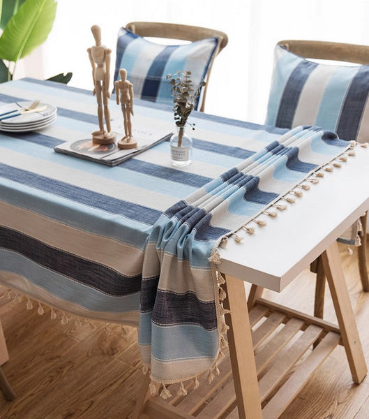 Rectangular Table Covers for Coffee Table, Blue Stripe Rectangular Tablecloth for Oval Table, Cotton and Linen Tablecloths, Modern Table Cloths for Dining Room-Paintingforhome
