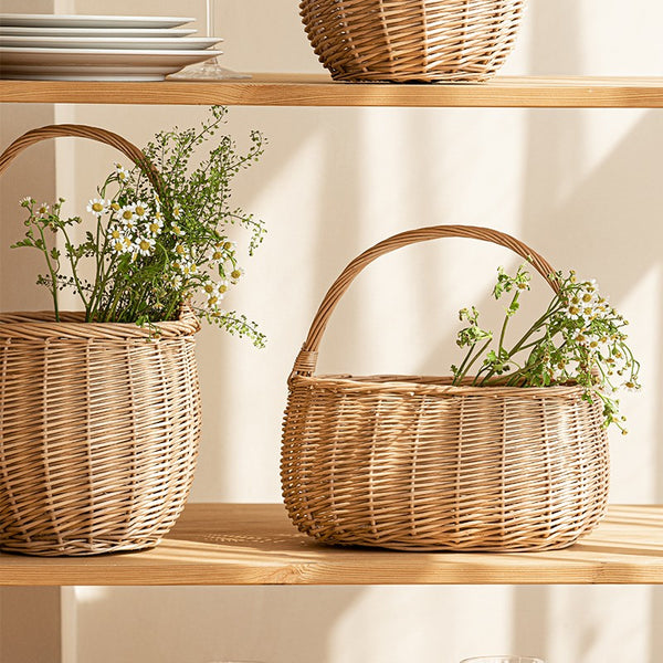 Wicker Storage Basket for Kitchen, Hand-woven Picnic Food Basket with Handle, Willow Weaving Baskets for Vegetable, Natural Fruit Basket, Storage Basket for Shelves-Paintingforhome