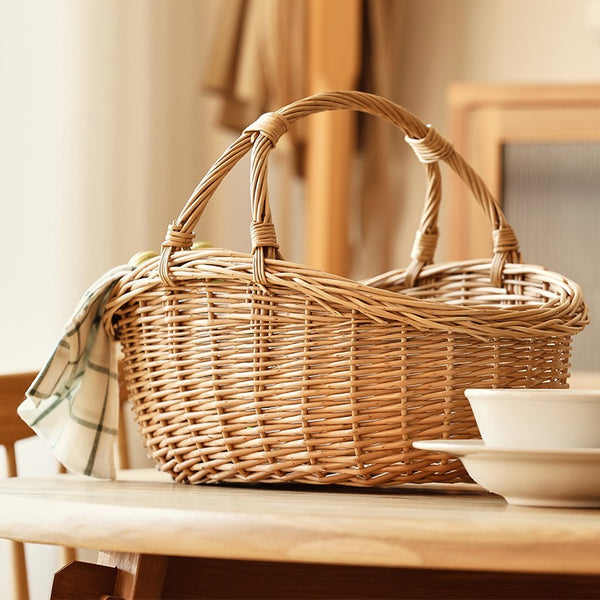 Large Kitchen Storage Baskets, Picnic Storage Basket with Handle, Hand-woven Wicker Storage Basket, Willow Weaving Baskets for Vegetable, Natural Fruit Basket-Paintingforhome