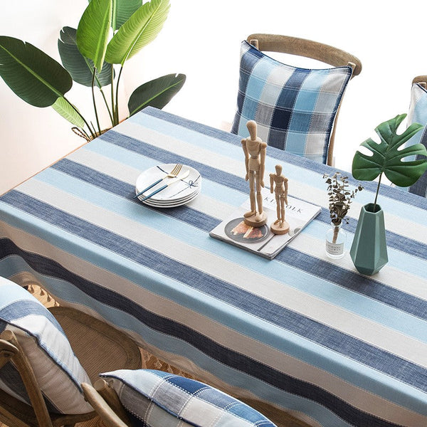 Blue Stripe Rectangular Tablecloth for Oval Table, Cotton and Linen Tablecloths, Rectangular Table Covers for Coffee Table, Modern Table Cloths for Dining Room-Paintingforhome