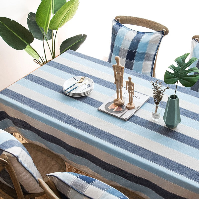 Rectangular Table Covers for Coffee Table, Blue Stripe Rectangular Tablecloth for Oval Table, Cotton and Linen Tablecloths, Modern Table Cloths for Dining Room-Paintingforhome