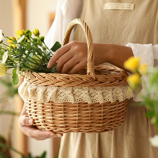 Storage Basket for Shelves, Picnic Storage Basket with Handle, Hand-woven Wicker Storage Basket, Natural Fruit Basket, Willow Weaving Baskets for Kitchen-Paintingforhome