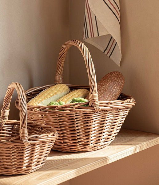 Large Picnic Food Basket with Handle, Lovely Willow Weaving Baskets for Vegetable, Natural Hand-woven Wicker Storage Basket, Natural Fruit Basket, Kitchen Storage Baskets-Paintingforhome