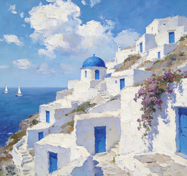 Landscape Wall Art Paintings, Santorini's Seaside Symphony, Hand Painted Canvas Art, Small Original Oil Paintings, Landscape Paintings for Living Room