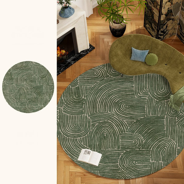Green Contemporary Modern Rugs, Geometric Round Rugs for Dining Room, Mid Century Round Modern Rugs under Chairs, Bedroom Abstract Modern Area Rugs-Paintingforhome