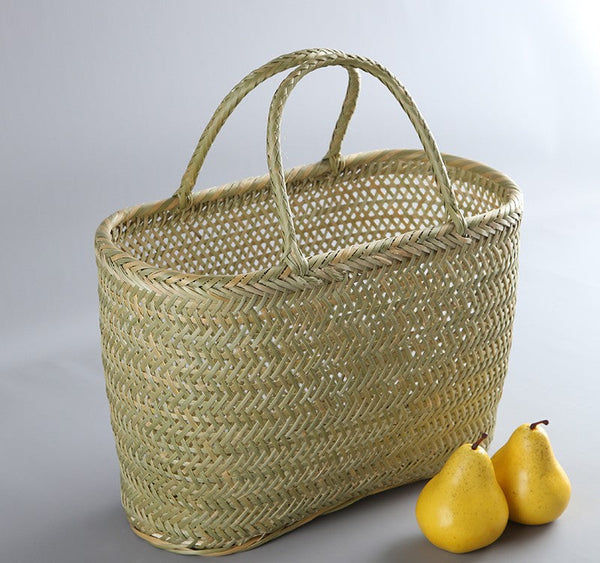 Lovely Bamboo Baskets for Vegetable, Natural Fruit Basket Kitchen Storage Baskets, Picnic Food Basket with Handle, Large Natural Hand-woven Bamboo Basket-Paintingforhome