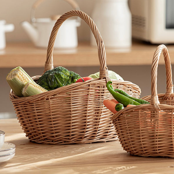 Natural Hand-woven Wicker Storage Basket, Large Picnic Food Basket with Handle, Lovely Willow Weaving Baskets for Vegetable, Natural Fruit Basket, Kitchen Storage Baskets-Paintingforhome