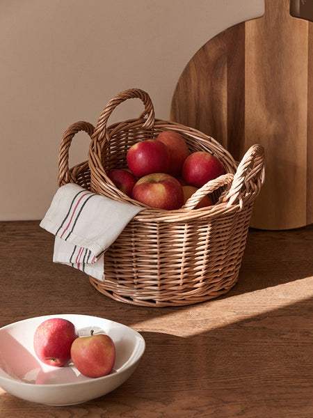 Large Picnic Fruit Basket with Handle, Natural Hand-woven Wicker Round Storage Basket, Lovely Willow Weaving Baskets for Vegetable, Natural Fruit Storage Basket, Kitchen Storage Baskets-Paintingforhome