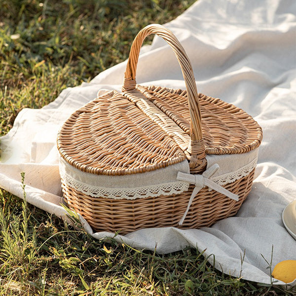 Picnic Storage Basket with Handle, Extra Large Kitchen Storage Baskets, Natural Hand-woven Wicker Storage Basket, Lovely Willow Weaving Baskets for Vegetable, Natural Fruit Storage Baskets-Paintingforhome