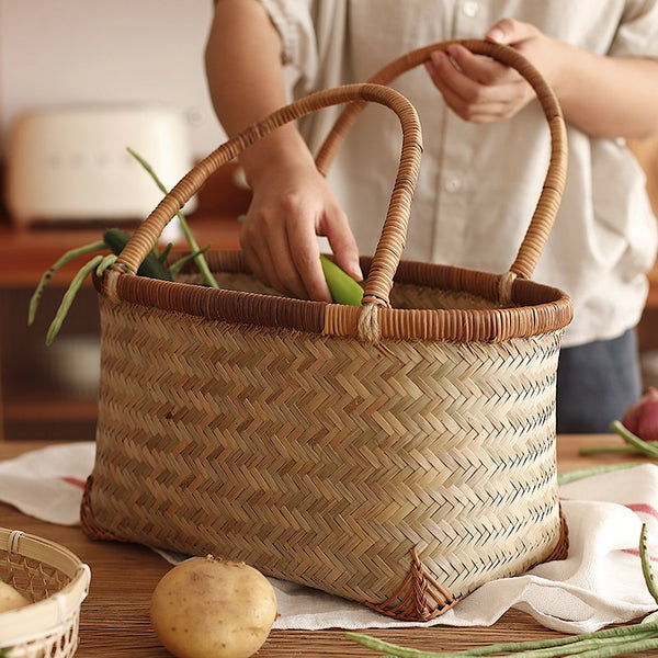 Storage Basket with Handle, Large Kitchen Storage Baskets, Natural Hand-woven Bamboo Storage Basket, Lovely Bamboo Weaving Baskets for Vegetable, Picnic Fruit Storage Baskets-Paintingforhome