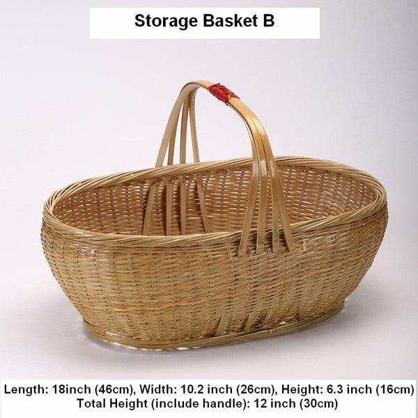 Natural Hand-woven Bamboo Basket, Natural Fruit Basket Kitchen Storage Baskets, Extra Large Picnic Food Basket with Handle, Lovely Bamboo Baskets for Vegetable-Paintingforhome