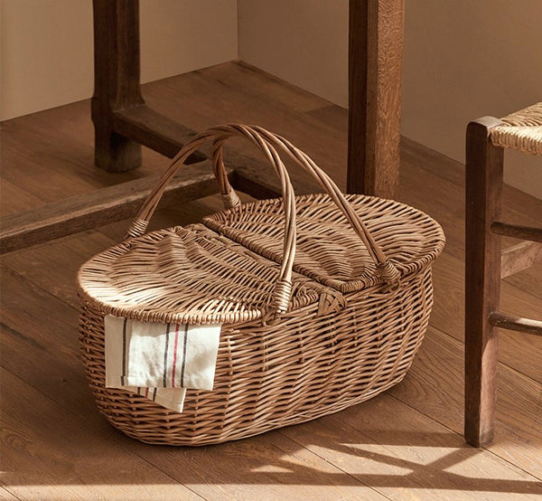 Extra Large Picnic Food Basket with Handle, Kitchen Storage Baskets, Natural Hand-woven Wicker Storage Basket, Lovely Willow Weaving Baskets for Vegetable, Natural Fruit Basket-Paintingforhome