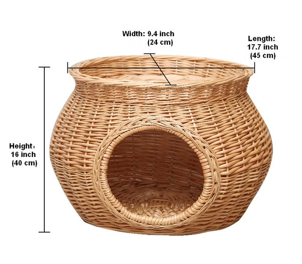Wicker Cat House Basket with Washable Cushion for Indoor Cats and Dogs, Rattan Cat Bed-Paintingforhome