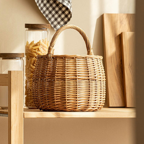 Storage Basket for Kitchen, Picnic Storage Basket with Handle, Hand-woven Wicker Storage Basket, Natural Fruit Basket, Willow Weaving Baskets for Vegetable-Paintingforhome