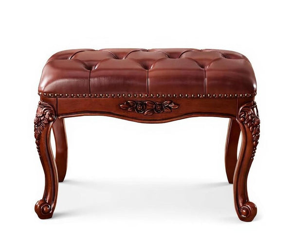 Dressing Table Stool, Rubber Wood Footstool, Vintage Chestnut Brown Leather Stool, Genuine Leather Solid Wood Entry Bench, Farmhouse Entryway Bench, Leather Lounge Chair Modern-Paintingforhome