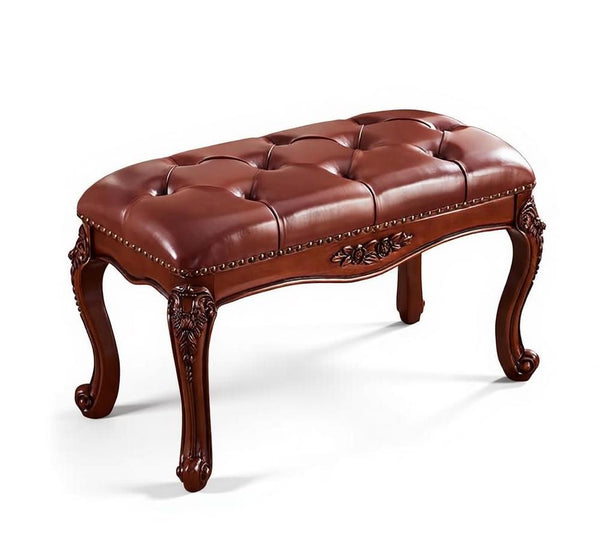 Dressing Table Stool, Rubber Wood Footstool, Vintage Chestnut Brown Leather Stool, Genuine Leather Solid Wood Entry Bench, Farmhouse Entryway Bench, Leather Lounge Chair Modern-Paintingforhome