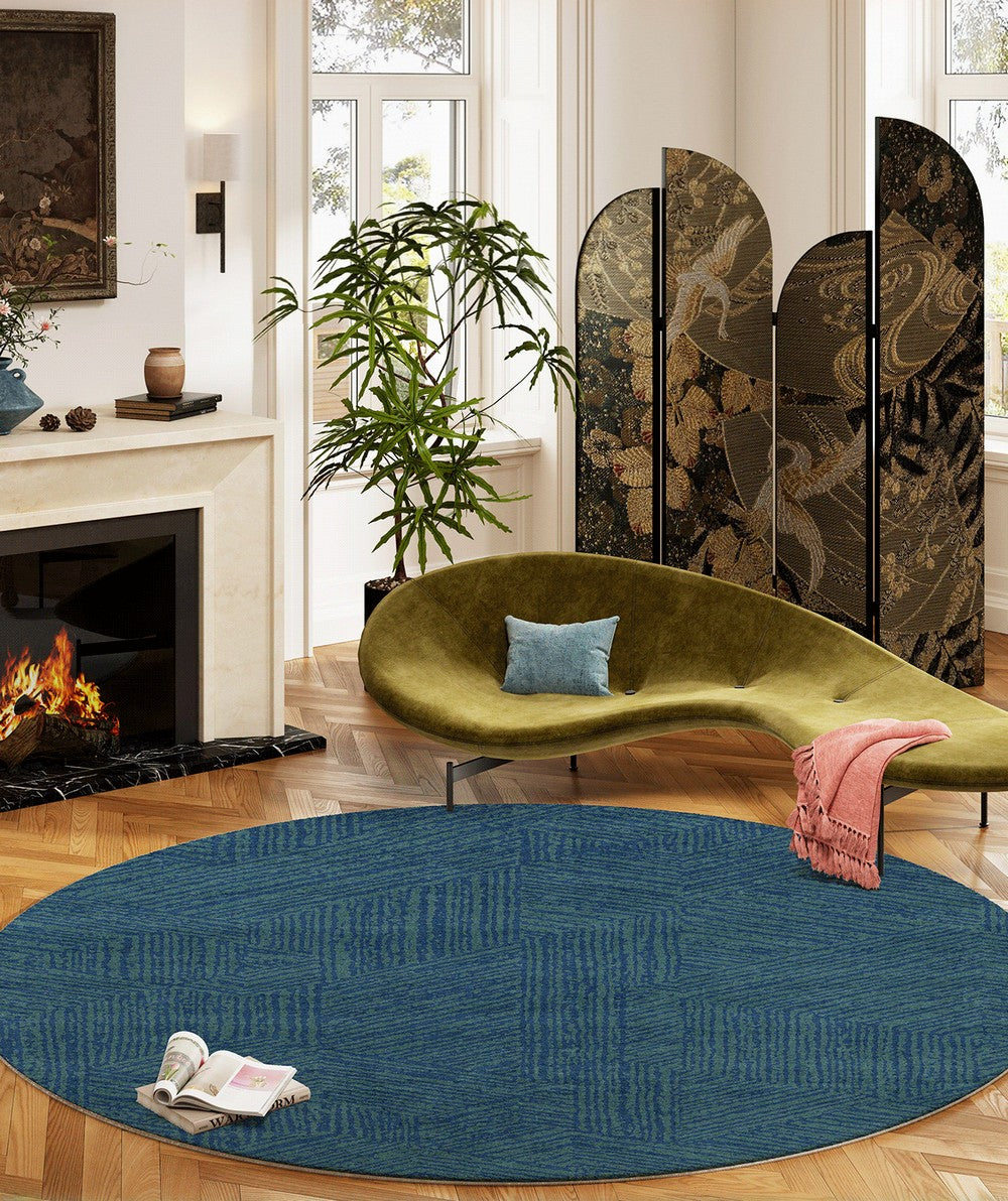 Geometric Round Rugs for Dining Room, Blue Contemporary Modern Rugs, Mid Century Round Modern Rugs under Chairs, Bedroom Abstract Modern Area Rugs-Paintingforhome