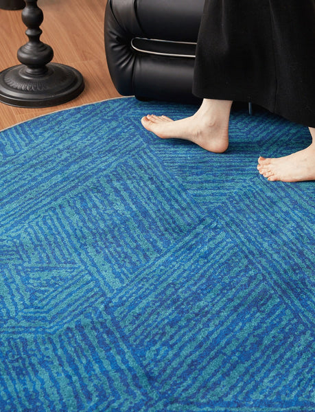 Geometric Round Rugs for Dining Room, Blue Contemporary Modern Rugs, Mid Century Round Modern Rugs under Chairs, Bedroom Abstract Modern Area Rugs-Paintingforhome