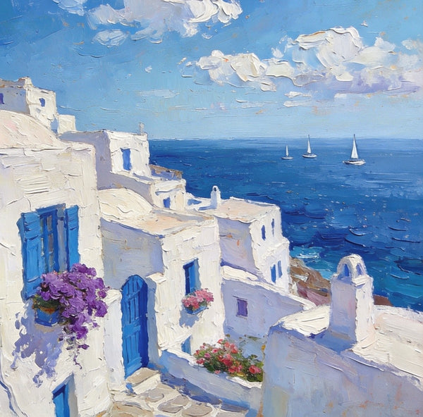 Original Oil Paintings, Azure Waves and White Washes, Aegean Blue Sea, Small Landscape Paintings on Canvas, Palette Knife Oil Paintings, Landscape Canvas Paintings, Hand Painted Canvas Art-Paintingforhome