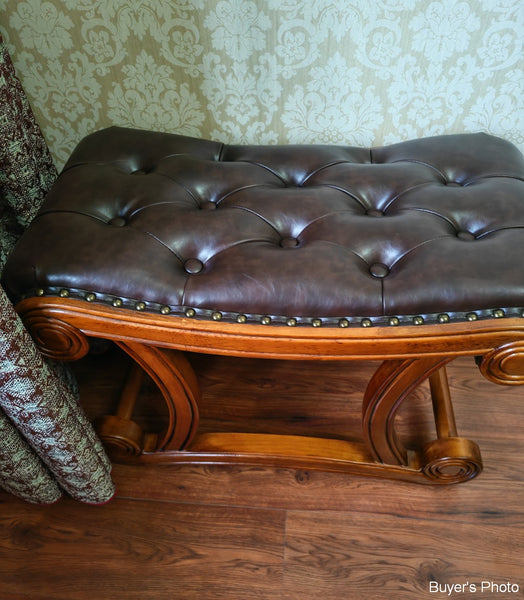 Cherry Wood Footstool, Vintage Leather Stool, Genuine Leather Solid Wood Entry Bench, Long Bench, Vanity Stool, Dressing Table Stool-Paintingforhome