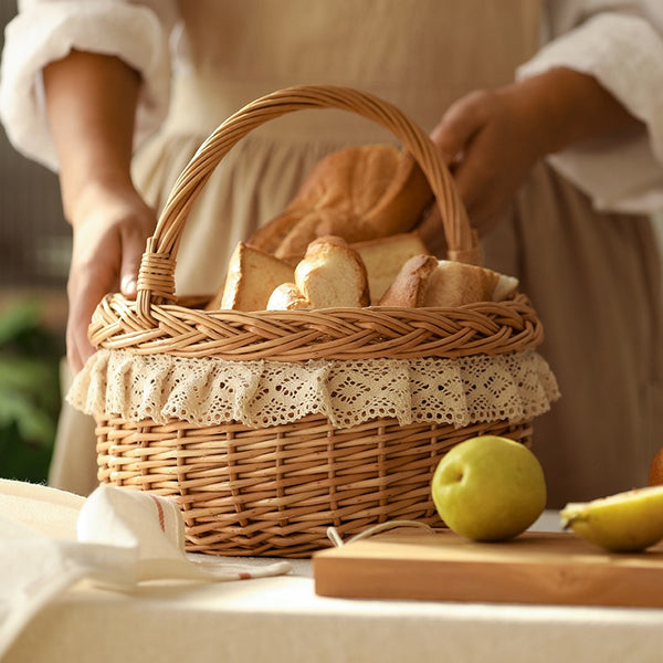 Storage Basket for Shelves, Picnic Storage Basket with Handle, Hand-woven Wicker Storage Basket, Natural Fruit Basket, Willow Weaving Baskets for Kitchen-Paintingforhome
