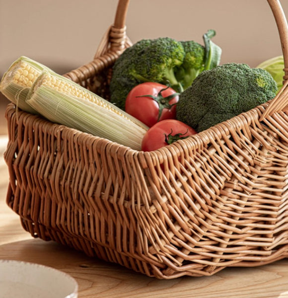 Large Picnic Food Basket with Handle, Natural Hand-woven Wicker Storage Basket, Lovely Willow Weaving Baskets for Vegetable, Natural Fruit Basket, Kitchen Storage Baskets-Paintingforhome