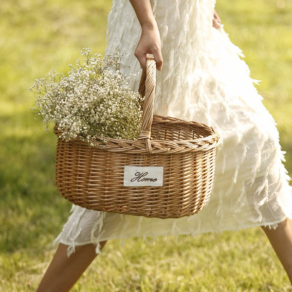 Hand-woven Wicker Storage Basket, Large Picnic Food Basket with Handle, Willow Weaving Baskets for Vegetable, Natural Fruit Basket, Kitchen Storage Baskets-Paintingforhome