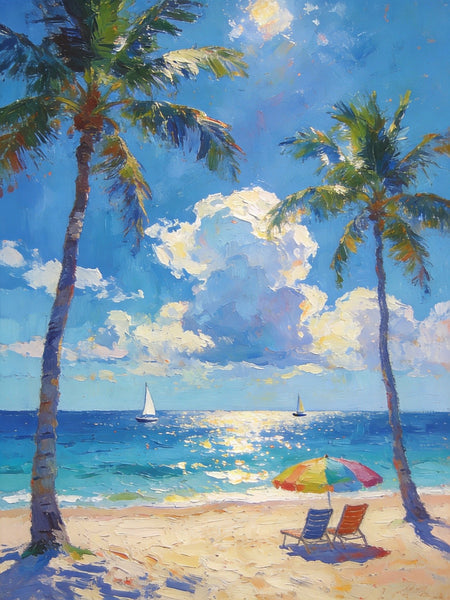 Coastal Serenity Scene, Palm Trees Seashore Paintings, Hand Painted Canvas Wall Art, Original Artwork, Small Oil Paintings, Heavy Texture Artwork, Small Canvas Paintings-Paintingforhome