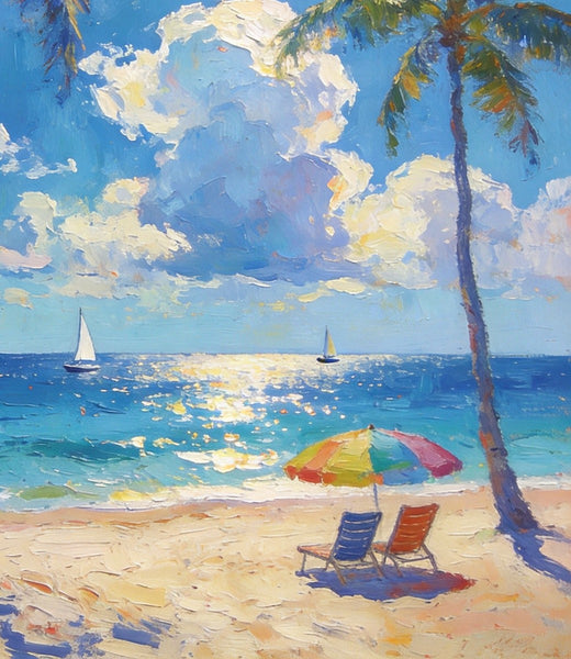 Coastal Serenity Scene, Palm Trees Seashore Paintings, Hand Painted Canvas Wall Art, Original Artwork, Small Oil Paintings, Heavy Texture Artwork, Small Canvas Paintings-Paintingforhome