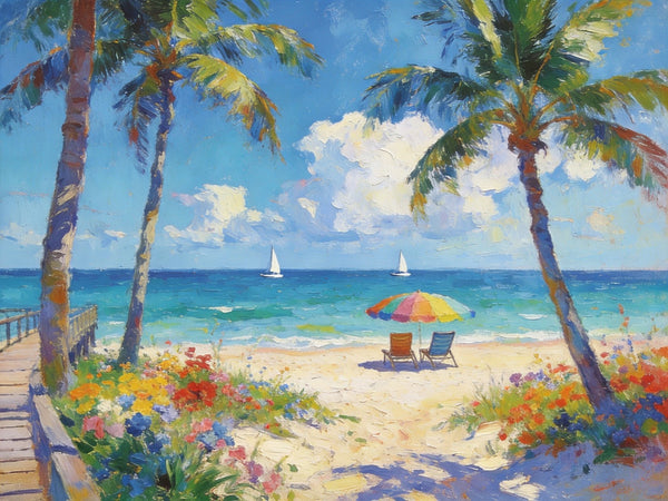 Landscape Paintings for Dining Room, Seaside Bliss with Palms, Small Paintings On Canvas, Hand Painted Canvas Art, Hand Painted Canvas Art, Original Oil Paintings-Paintingforhome