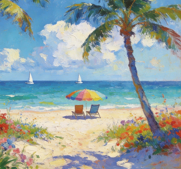 Landscape Paintings for Dining Room, Seaside Bliss with Palms, Small Paintings On Canvas, Hand Painted Canvas Art, Hand Painted Canvas Art, Original Oil Paintings-Paintingforhome