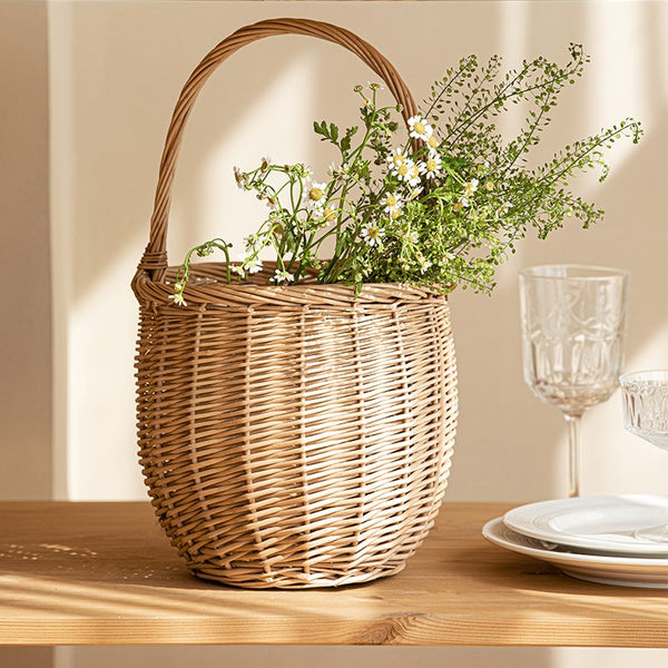 Wicker Storage Basket for Kitchen, Hand-woven Picnic Food Basket with Handle, Willow Weaving Baskets for Vegetable, Natural Fruit Basket, Storage Basket for Shelves-Paintingforhome