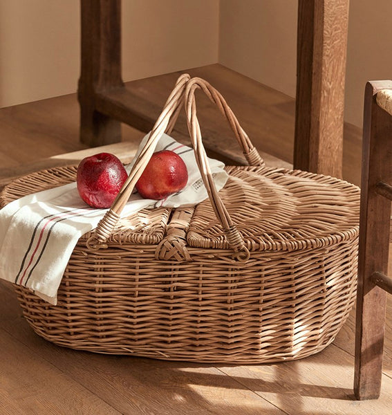 Extra Large Picnic Food Basket with Handle, Kitchen Storage Baskets, Natural Hand-woven Wicker Storage Basket, Lovely Willow Weaving Baskets for Vegetable, Natural Fruit Basket-Paintingforhome