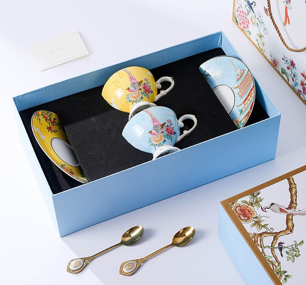 Elegant Oriental Pheasant Ceramic Cups, Beautiful Bird Pattern Tea Cups, 8 oz Porcelain Tea Cup Saucer Set of 2 Cups, Unique Tea Cup and Saucer in Gift Box-Paintingforhome