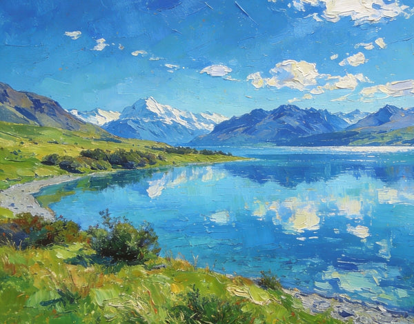 Mountain Landscape Paintings, New Zealand Lake Charm, Small Paintings on Canvas, Original Landscape Paintings, Hand Painted Canvas Artwork-Paintingforhome