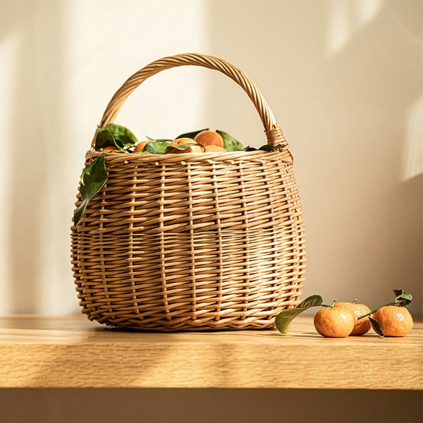 Storage Basket for Kitchen, Picnic Storage Basket with Handle, Hand-woven Wicker Storage Basket, Natural Fruit Basket, Willow Weaving Baskets for Vegetable-Paintingforhome