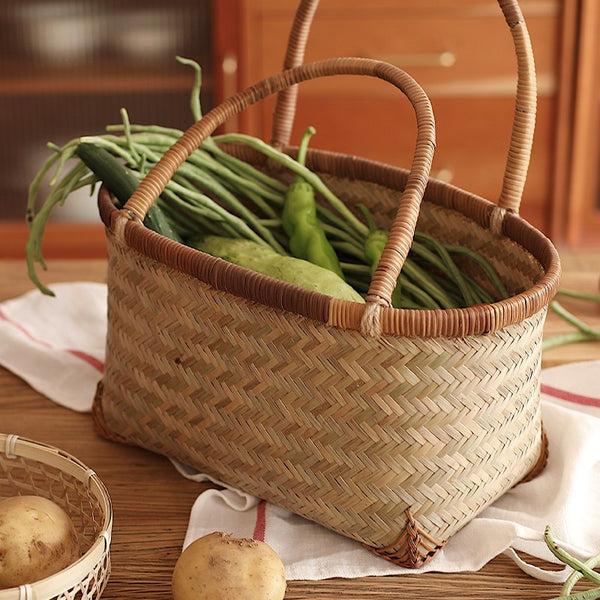 Storage Basket with Handle, Large Kitchen Storage Baskets, Natural Hand-woven Bamboo Storage Basket, Lovely Bamboo Weaving Baskets for Vegetable, Picnic Fruit Storage Baskets-Paintingforhome