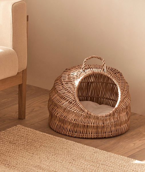Indoor Cat Bed, Natural Wicker Cat House Basket with Washable Cushion for Indoor Cats and Dogs-Paintingforhome
