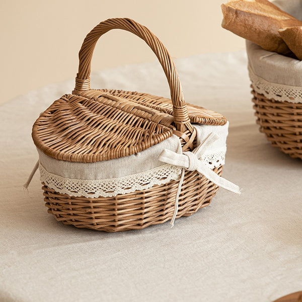 Picnic Storage Basket with Handle, Extra Large Kitchen Storage Baskets, Natural Hand-woven Wicker Storage Basket, Lovely Willow Weaving Baskets for Vegetable, Natural Fruit Storage Baskets-Paintingforhome