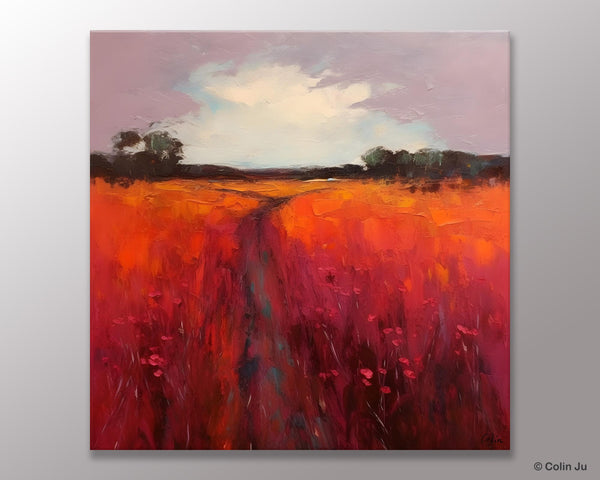 Landscape Canvas Paintings, Acrylic Abstract Art on Canvas, Red Poppy Flower Field Painting, Landscape Acrylic Painting, Living Room Wall Art Paintings-Paintingforhome