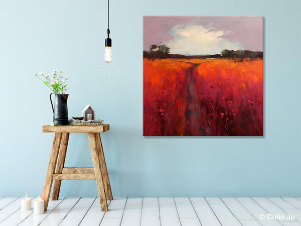 Landscape Canvas Paintings, Acrylic Abstract Art on Canvas, Red Poppy Flower Field Painting, Landscape Acrylic Painting, Living Room Wall Art Paintings-Paintingforhome