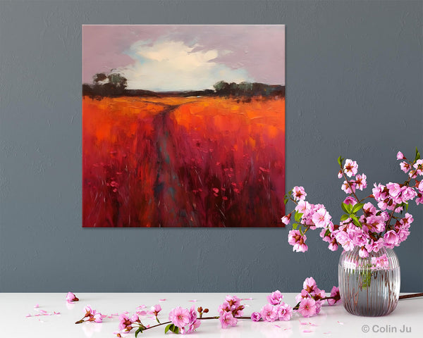 Landscape Canvas Paintings, Acrylic Abstract Art on Canvas, Red Poppy Flower Field Painting, Landscape Acrylic Painting, Living Room Wall Art Paintings-Paintingforhome